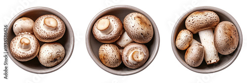 Bowls of whole brown mushrooms, shot from above
