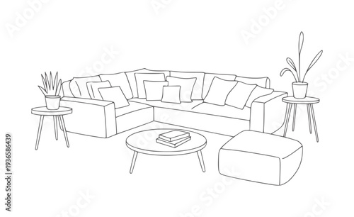 Minimalist black and white line of a sectional sofa with plants and coffee table
