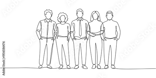 Continuous line drawing of diverse group of standing people. continuous line drawing of group of various positive diverse people standing in a row