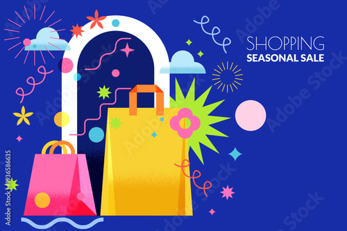 Sale and shopping abstract concept. Vector geometric illustration with shopping bags. Banner discount coupon designSale and shopping abstract concept. Vector geometric illustration with shopping bags.