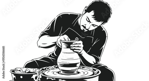 Focused craftsman shaping clay on a pottery wheel with skill and dedication.