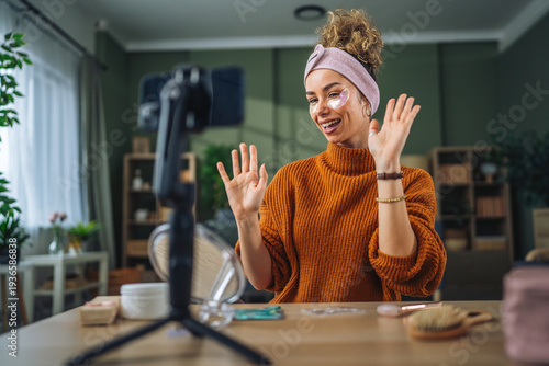 V-logger recording beauty routine tutorial for social media followers