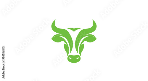 Green Cow Head Logo with Leaf Horns - Organic Farming and Nature Concept