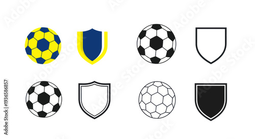 Soccer Ball and Shield Icons Set: Flat Design, Vector Graphics
