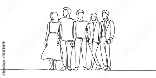 Continuous line drawing of diverse group of standing people. continuous line drawing of group of various positive diverse people standing in a row