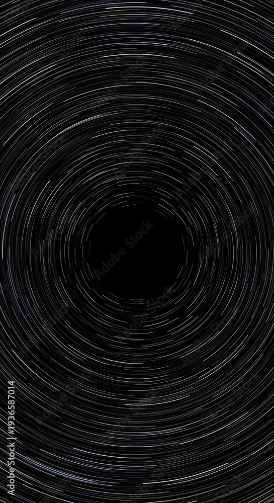 Obraz premium Long exposure image of circular star trails, forming a mesmerizing cosmic vortex. White light streaks spiral into a deep black void, depicting celestial rotation and space