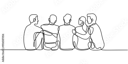 A group of men and women sitting together have their friendship one line drawing. Single continuous line drawing about group of men and woman from multi ethnic standing together vector illustration.