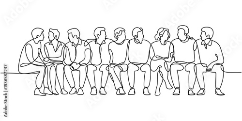 A group of men and women sitting together have their friendship one line drawing. Single continuous line drawing about group of men and woman from multi ethnic standing together vector illustration.