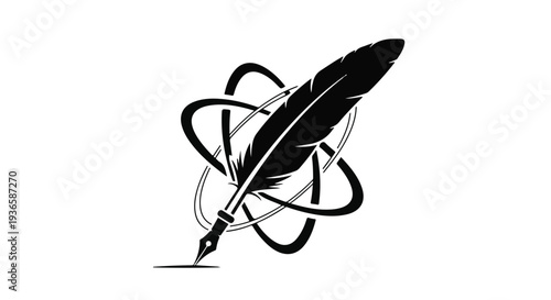 Elegant quill pen with orbiting lines symbolizing creativity and knowledge