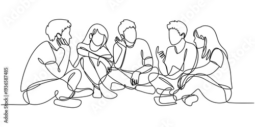 Group of young people sitting on ground together and talking. Friends rest and communicate. Continuous line art drawing stylem, Friends Group Continuous One Line Drawing. People Talking Minimalistic.
