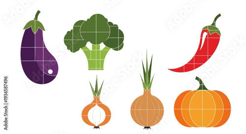 Assorted vibrant vegetables and fruits illustrations on a grid layout