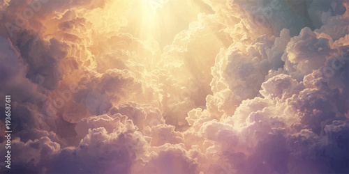 A beautiful blue sky filled with bright white clouds as summer sunlight rays break through the atmosphere for a heavenly nature cloudscape