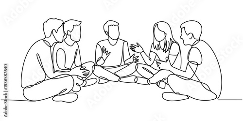 Group of young people sitting on ground together and talking. Friends rest and communicate. Continuous line art drawing stylem, Friends Group Continuous One Line Drawing. People Talking Minimalistic.