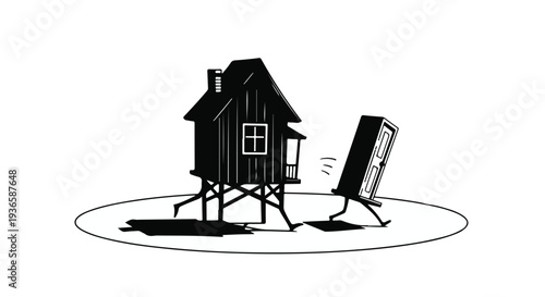 Whimsical illustration of a house with legs walking away from its detached door