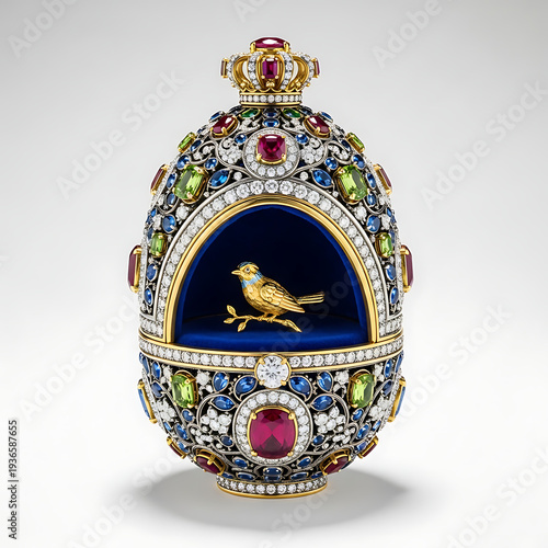 A Fabergé egg with a golden bird inside, adorned with precious stones and intricate design