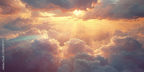 Beautiful orange sunset sunlight glows over a dark city landscape through a summer cloudscape at dusk