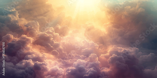 A dramatic summer cloudscape features white clouds and sunlight breaking through a dark storm sky at sunset, creating a beautiful nature background with abstract blue light and heavenly air