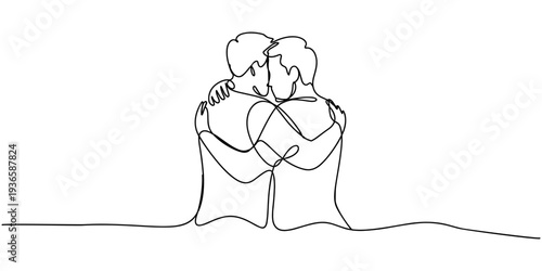 meeting friends - one line drawing vector. concept of men hugging and smiling at each other, One continuous line drawing of a man meets his old friend and hugs each other. Frienship, meet up