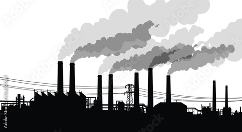 Black and White Industrial Pollution Illustration – Factory Complex with Smokestacks, Transmission Tower, Power Lines, Heavy Smoke Emissions – Environmental Impact Silhouette Vector Artwork