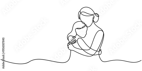 Continuous one line drawing of mom and little daughter hugging each other tightly, bond between mother and daughter, happy parenting concept, single line art