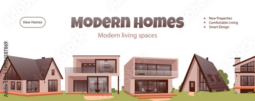 Modern Homes Banner with Contemporary Architecture. Real estate banner concept for property marketing and residential development.