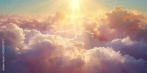 Beautiful white clouds and bright sun rays pierce through the blue sky creating a summer cloudscape filled with natural sunlight and heavenly atmosphere