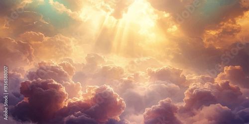 A dramatic sunset ignites a fire in the sky as dark storm clouds and the bright sun create an abstract nature background of light and shadow across the summer heaven