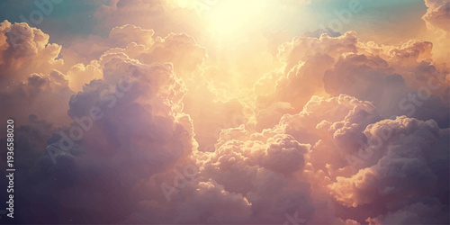A beautiful summer day featuring bright sunlight and dramatic white clouds scattered across a bright blue sky atmosphere