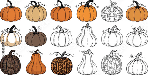 Hand drawn pumpkin collection flat vector illustration with decorative autumn gourds for fall harvest and Halloween design