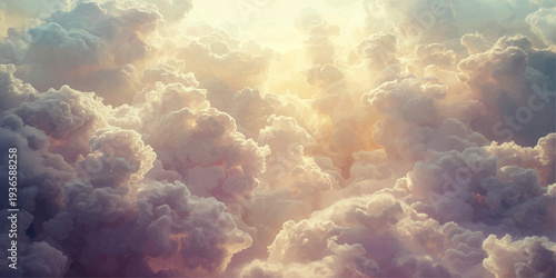 Dramatic aerial view of white clouds over the deep blue ocean as sunlight pierces through the summer sky for a majestic nature cloudscape