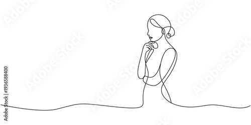 standing woman thinking continuous one line drawing, Continuous line drawing of beautiful pensive female standing looking away against. Single one line drawing of standing woman thinking. Vector.