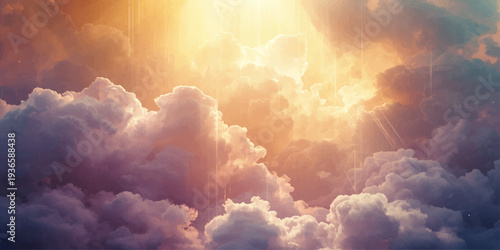 Bright sunlight and sun rays break through fluffy white cumulus clouds in a beautiful blue summer sky atmosphere