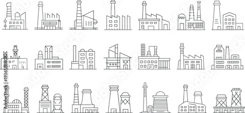 Industrial, factory, manufacturing, plant, refinery, warehouse, power, station, production, line, icons, set, industry, outline, vector, engineering, infrastructure, buildings, equipment, collection