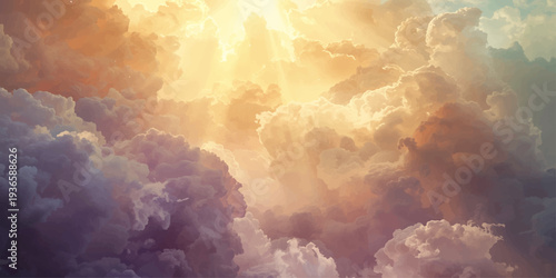 An aerial view of the Earth through dramatic white clouds and bright sunlight against a blue sky atmosphere during a summer day