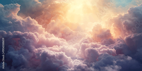A dramatic cloudscape of bright white clouds drifting across a beautiful blue nature sky during a bright day with soft sunlight and a calm atmosphere