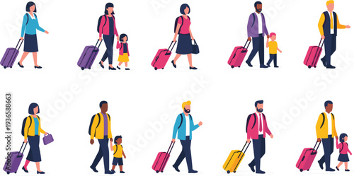 Travelers walking with luggage set, airport passengers with suitcase family travel journey concept tourism people moving with bags modern flat vector illustration