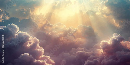 Abstract blue sky background with dramatic white clouds and beautiful sunlight filtering through a summer atmosphere for a nature cloudscape