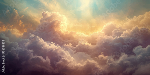 A dramatic blue cloudscape captures the sun's light filtering through white clouds in a summer sky to create a beautiful nature landscape