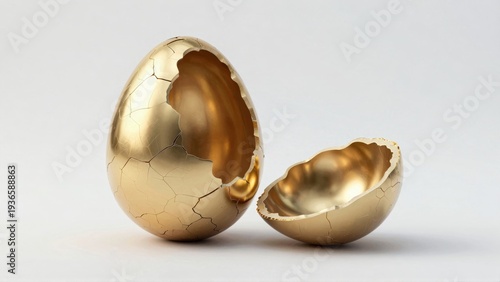 Golden cracked eggs on white background