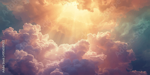 Dramatic white clouds drift across a beautiful blue summer sky as bright sunlight pierces through the atmosphere for a scenic nature cloudscape