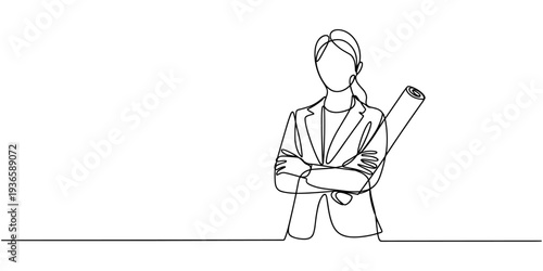 Single continuous line drawing of young female architect holding blueprint paper pose cross arms. Professional work job occupation. Minimalism concept one line draw graphic design vector illustration