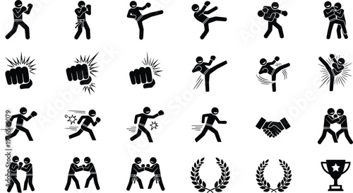Martial Arts Combat Sports Fighters Kicks Punches Fists and Trophies Icons fighting