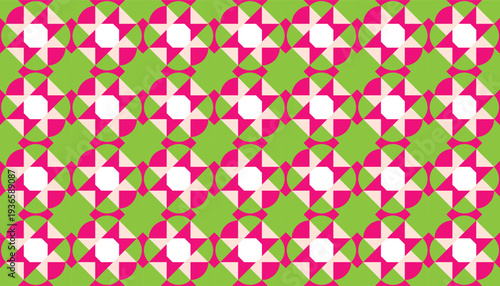 Seamless geometric pattern featuring a rhythmic star-burst mosaic in vibrant pink and lime green