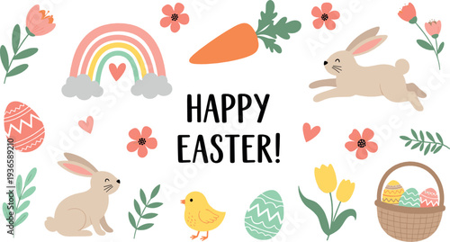 Happy Easter greeting card flat vector illustration with cute bunnies painted eggs rainbow flowers and spring holiday decorations
