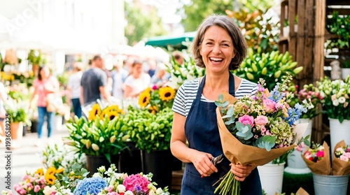 Smiling female florist holding a colorful bouquet at an outdoor flower market. Middle aged woman working at a flower stall. Small business owner concept