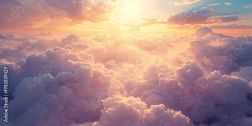 An aerial view of the city shows a stunning sunset landscape where golden sunlight pierces through a dramatic blue cloudscape and orange atmosphere over a vast summer heaven