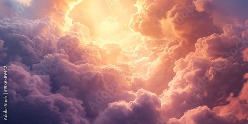 Bright sunlight pierces through fluffy white cumulus clouds across a vibrant blue sky, creating a bright nature cloudscape and a serene atmosphere on a clear day