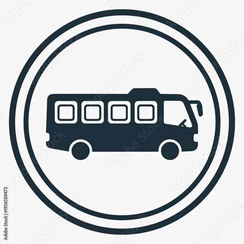 Dark blue graphic icon of a bus within concentric circles, representing public transit and urban travel services.