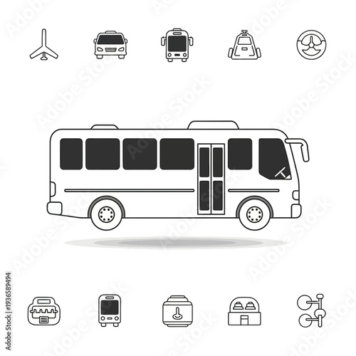 Detailed line art illustration of a bus with surrounding transportation icons, highlighting travel and logistics.
