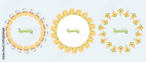 Three circular wreath designs Easter baskets with eggs and bows, seed packets labeled SEEDS, and birdhouses with green roofs and pink perches, each with HAPPY Spring text in center, cheerful seasonal